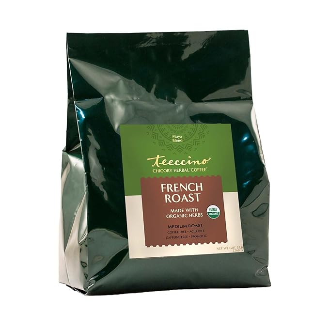 Teeccino French Roast Chicory Coffee Alternative, 5 Lb Bag - Ground Herbal Coffee That’s Prebiotic, Caffeine-Free & Acid Free, Dark Roast, 5 lb