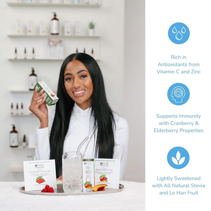 Pure Inventions - Green Tea Raspberry & Peach Water Infusion Drops -Antioxidants & Electrolytes -Health & Wellness -Immune Support -Sugar Free, Zero Calorie, No Artificial Sweeteners -30 Servings Each