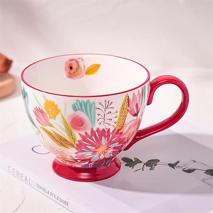 Vintage Flower Mugs – Large Ceramic Coffee Mug (15oz) – Cute Cereal Cup for Breakfast, Oatmeal Tea & Hot Drinks – Handmade Ceramic Cup with Floral Design