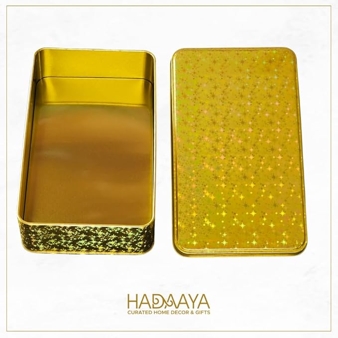 Pack of 2 Glittering Gold Rectangular Container With Lid, Multipurpose Tin Box, Festive Tin Box for Gift Giving, Cookies, Stationery & More - 7.25 x 5.25 x 2.25 Inches