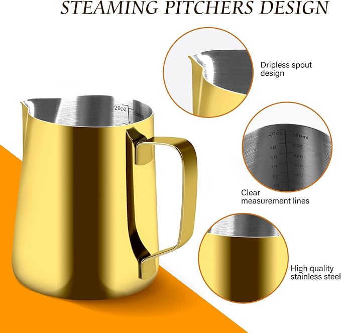 Milk Frothing Pitcher, 20OZ/600ML Stainless Steel Espresso Steaming Pitcher Coffee Milk Frother Cup with Decorating Art Pen for Espresso Machine, Milk Frother, Latte Art