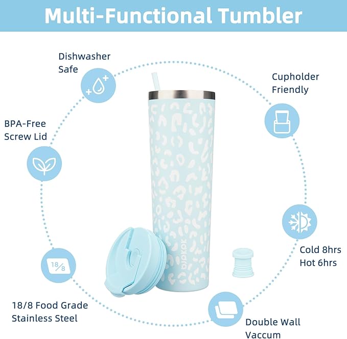 BJPKPK 34oz Tumbler With lid And Straw Stainless Steel Travel Coffee Mug Insulated Tumblers Cups,Light Blue Leopard