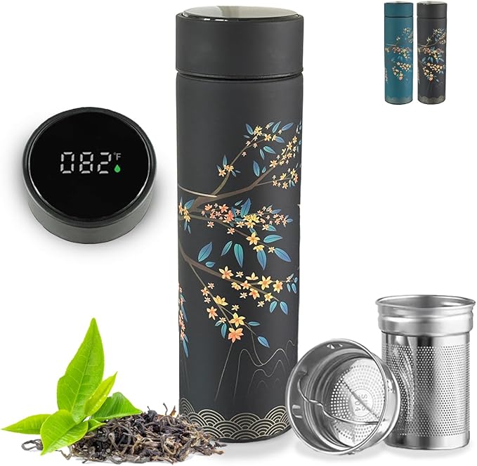Farasi Tea Infuser for Loose Leaf Tea Smart Water Bottle with Fahrenheit Temperature Display, Stainless Steel, Insulated Coffee and Fruit Tea Infuser Bottle - Black Floral Tea Mug 15 oz
