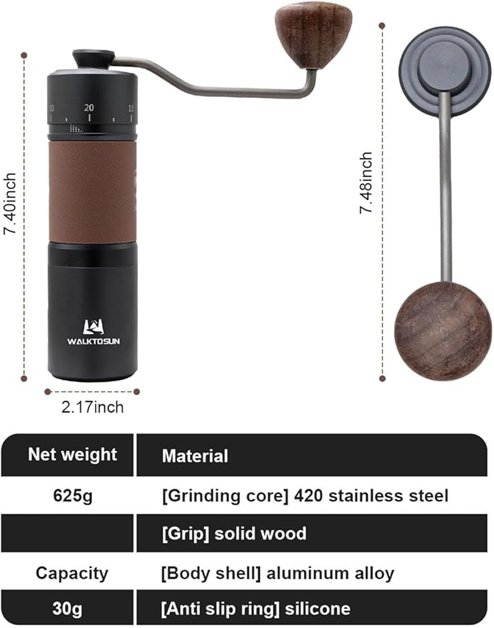 Manual coffee grinder, portable stainless steel cone grinder with solid wood knob, adjustable handle, suitable for home office travel, camping or hiking, black