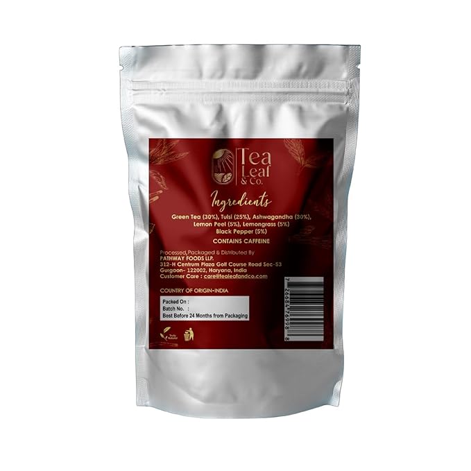 Tulsi Ashwagandha Green Tea Bags (50 Count), Green Tea with Tulsi, Ashwagandha, Lemongrass and Black Pepper, Caffeinated, Real and Natural Green Tea, Blended with Fresh Herbs and Spices, Gluten Free