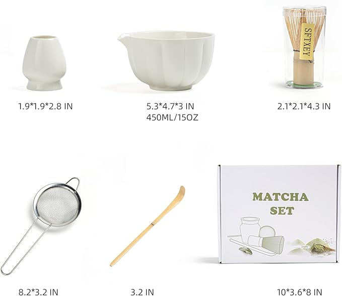 Matcha Whisk Set, Matcha Bowl with Spout, Matcha Whisk, Chasen Holder, Sifter, Bamboo Scoop - 5 Pcs Perfect Matcha Making Kit for Matcha Lover and Tea Ceremony (Pearl White)