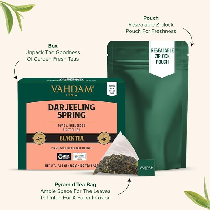 VAHDAM, Exotic Darjeeling First Flush Tea Leaves (100 Black Tea Bags) High Caffeine, Non GMO, Gluten Free | Aromatic & Robust | Unblended First Flush Darjeeling Tea Bags | Resealable Ziplock Pouch