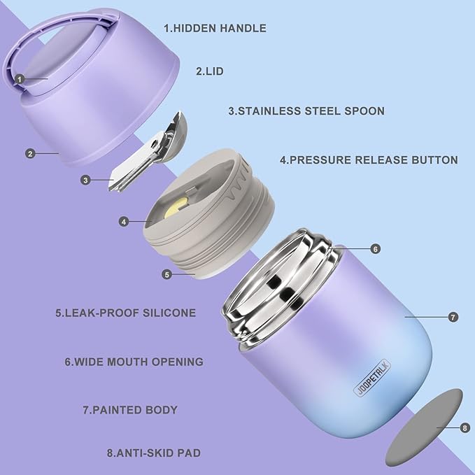 17 oz Insulated Lunch Containers Hot Food Jar, Wide Mouth Lunch Thermo for Hot Food Kids Adults, Vacuum Stainless Steel Thermo Lunch Box With Handle Folding Spoon for School, Office(Purple blue)