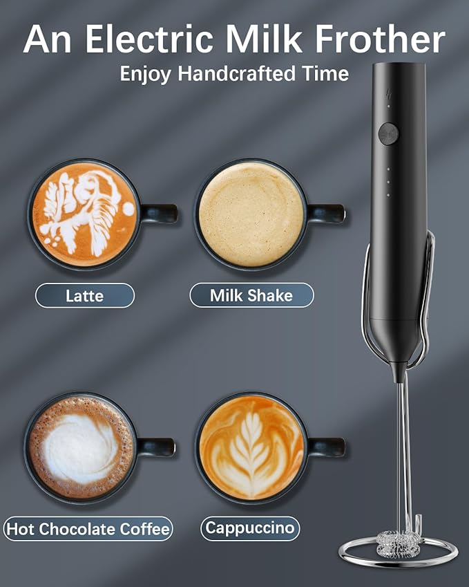 Rechargeable Milk Frother with Stand, Electric Frother Wand Handheld Coffee Foam Maker Detachable Stainless Steel Whisk Drink Mixer Foamer for Latte, Cappuccino, Hot Chocolate, Egg (Black)