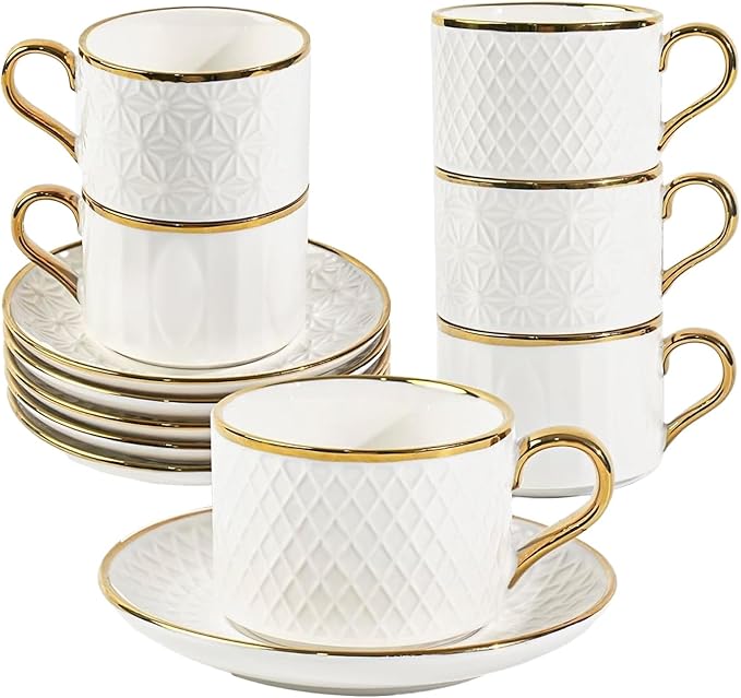 Espresso Cups and Saucers Set of 6, 7 OZ Porcelain Cappuccino Cups with Saucers, Stackable Coffee Mugs for Demitasse, Latte, Cafe, Mocha, Tea, Mother's Day Gift Thanksgiving Christmas Gift Present