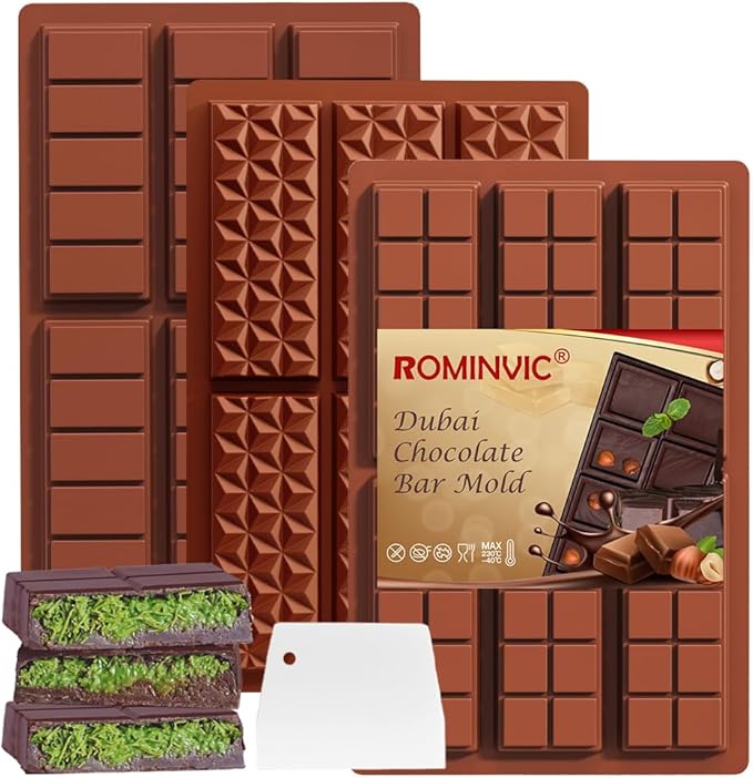 Dubai Chocolate Mold 3 Pack,0.5 Inch Deep Large and Thick Silicone Chocolate Bar Molds for Stuffed Bar,Big Candy Bar Mold for Filling Knafeh Pistachio Chocolate Kit