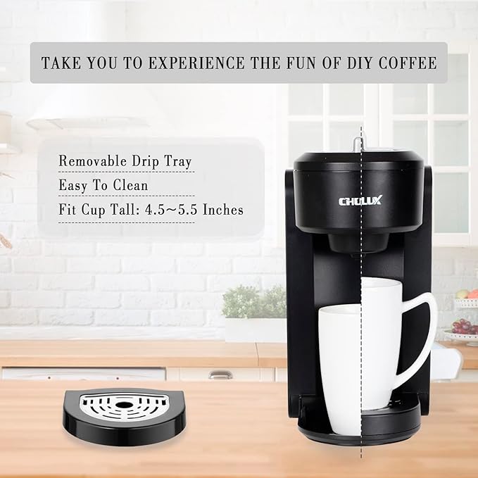 CHULUX Single Serve Coffee Maker, 1000 Watts Single Cup Stainless Steel Coffee Machine for Capsule and Ground Coffee with Graduated Water Tank, One Button Operation