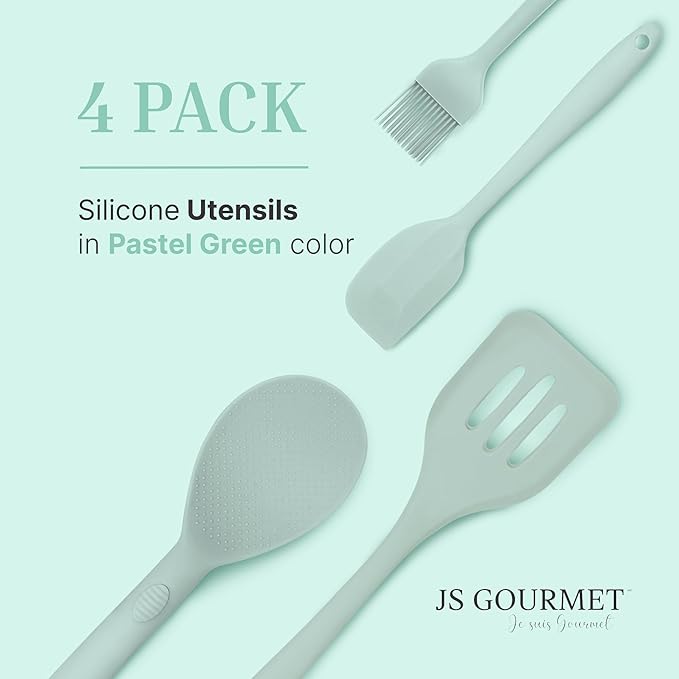 Silicone Utensils 4-Piece Set – Rubber Spatula, Pastry Brush, Slotted Turner, and Rice Paddle – Complete Heat-Resistant Set for Non-Stick Cookware – Kitchen Tools for Cooking and Baking – Pastel Green