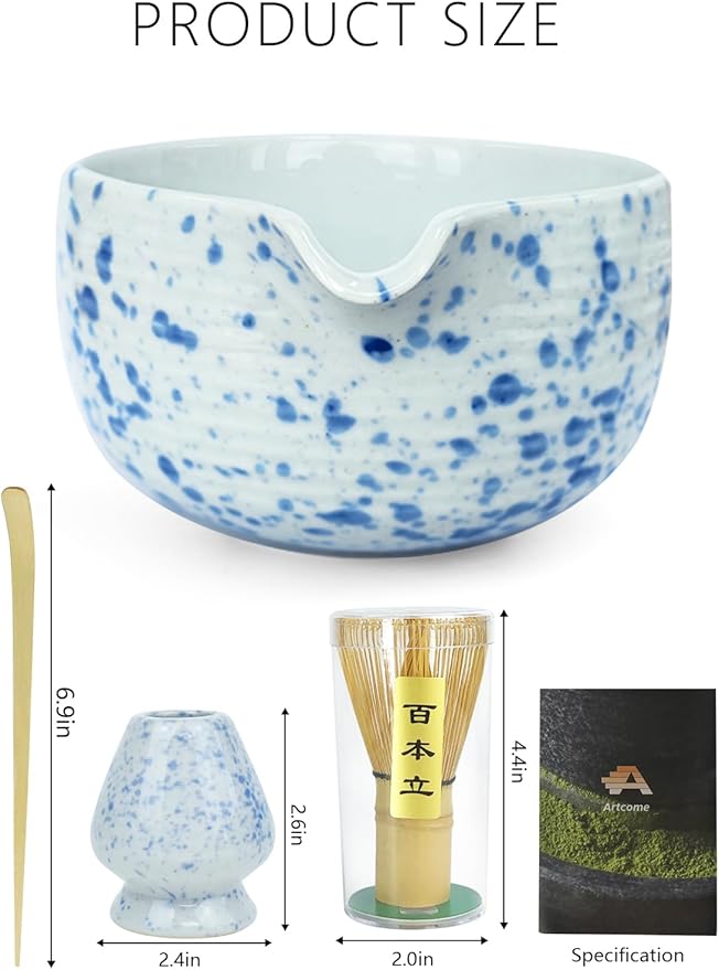 Artcome Matcha Tea Set - Ceramic Matcha Bowl with Pouring Spout, Bamboo Whisk, Whisk Holder, Tea Scoop & Matcha Manual - Complete Traditional Japanese Tea Ceremony Kit for Home, Office, or Gift, Blue