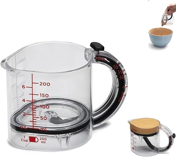 4-in-1 Adjustable Measuring Cup, Multi-Functional Measuring Cup with Scraper-Style Seal Base, Can Be Raised to Create Four Different Measurements 1/4 1/3 1/2 and 1, for Cooking and Baking