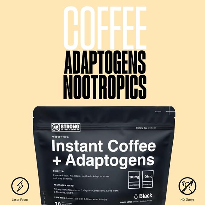 STRONG COFFEE COMPANY Organic Instant Black Coffee - Individual Servings, Extreme Focus, Adaptogen Coffee, No Jitters, No Crash (1, 30 Packets)