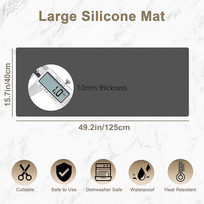 49.2"x15.7"(125cmx40cm) Large Silicone Mats for Kitchen Counter, Non-Slip Placemats, Heat Resistant Countertop Protector, Waterproof Craft Mat, Dark Gray