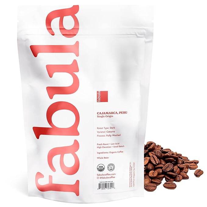 Fabula Coffee Half-Caff Medium Roast Whole Beans - Organic - Low Acid - Single Origin - Non-GMO - Mold Free - 12 Ounces