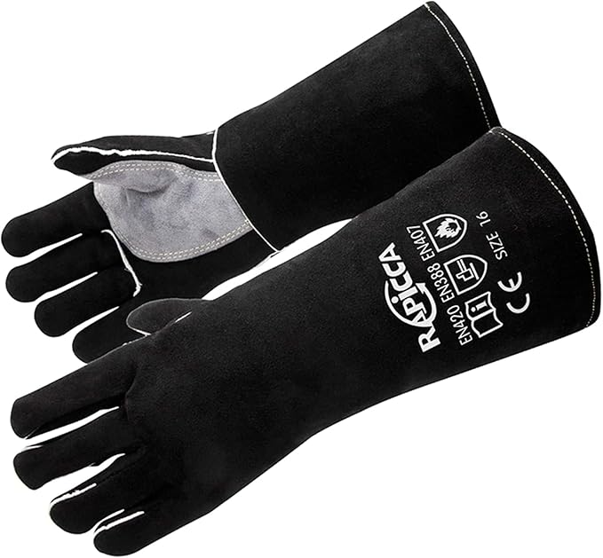 RAPICCA Fireplace Gloves Fire Heat Resistant: Black 14IN - Fireproof Leather for Fireplace Fire Pit Wood Stove Campfire Furnace BBQ Grill Oven Stick Mig Welding Welder Gear - Birthday Gift for men