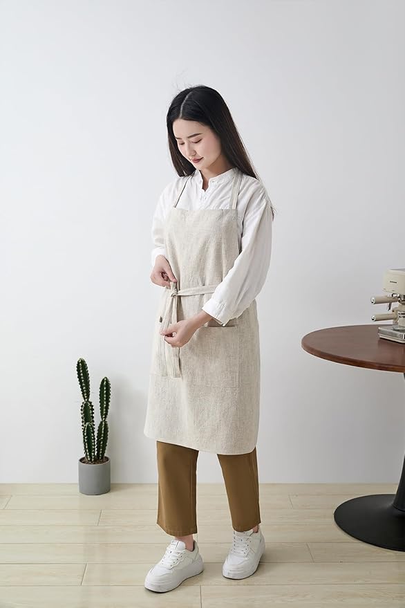 Cotton Linen Apron for Women - Adjustable Casual Apron with Pocktes, Great for Florist, Coffee House and Kitchen