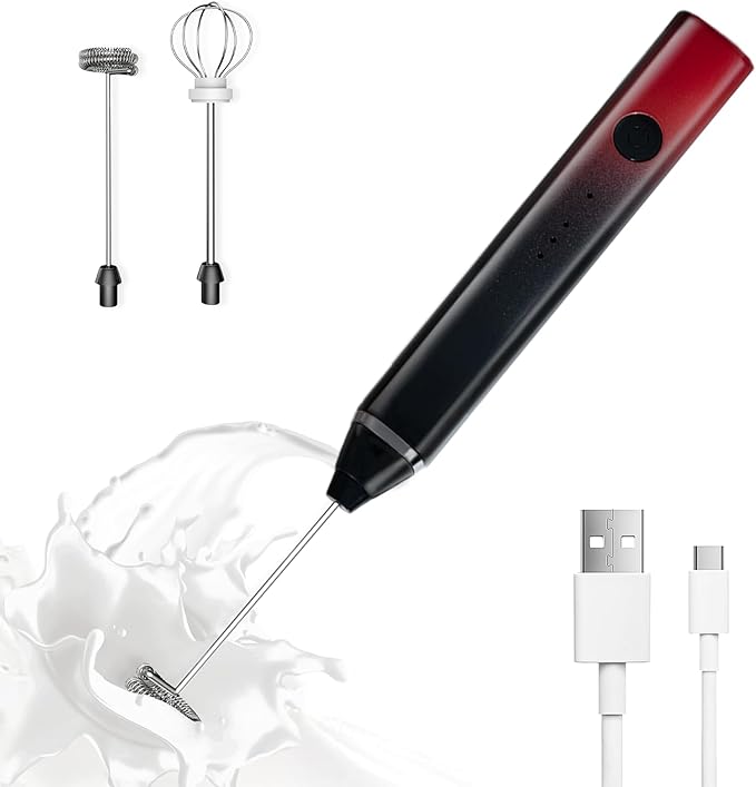 Milk Frother Rechargeable Handheld Electric Whisk Coffee Frother Mixer with 3 Stainless whisks 3 Speed Adjustable Foam Maker Blender for Coffee Matcha Latte Cappuccino Hot Chocolate（Black Red）