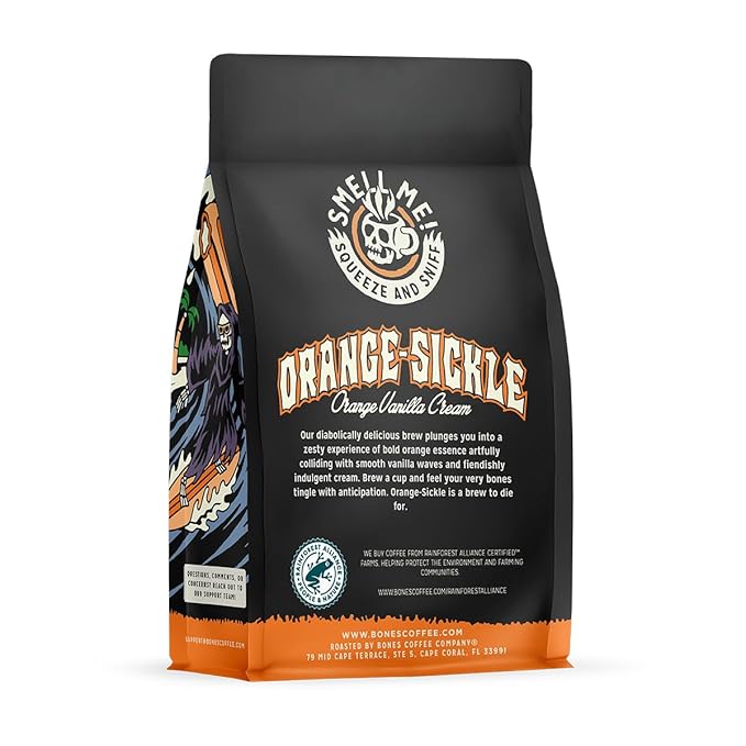 Bones Coffee Company Orange Sickle, Orange Vanilla Cream Flavored Coffee, Medium Roast Low Acid Arabica Beans Compatible with Auto drip and French Press Coffee Maker, 12 Oz Whole Bean