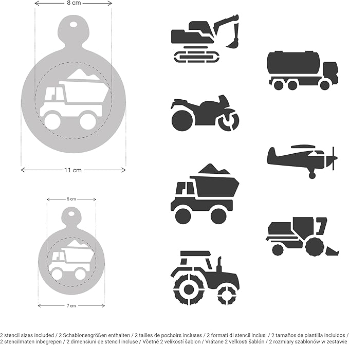 NAKLEO Coffee Stencils and Cookies Decoration 14Pcs 2.8”x2.8” and 4.3”x4.3”, Reusable Plastic Baking Templates, Transport Tractor Truck, Barista DIY Art Craft, Capuccino Latte Chocolate Cake Biscuit