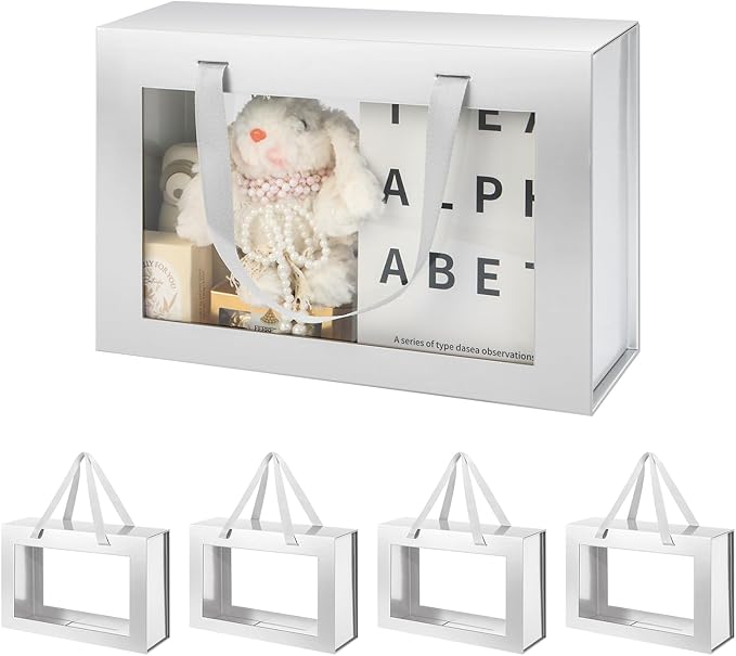 Large Silver Clear Gift Boxes, 13.5x9x4.1 Inches, 5 Pack with Windows by Handles, Magnetic Closure, Suitable for Various Occasions