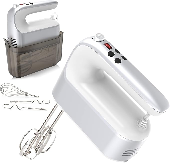 9-Speed Digital Hand Mixer Electric, 400W Powerful DC Motor, Baking Mixer Handheld with Snap-On Storage Case, 5 Stainless Steel Accessories, Flat Beaters, Dough Hooks, Whisk (Silvery & White)