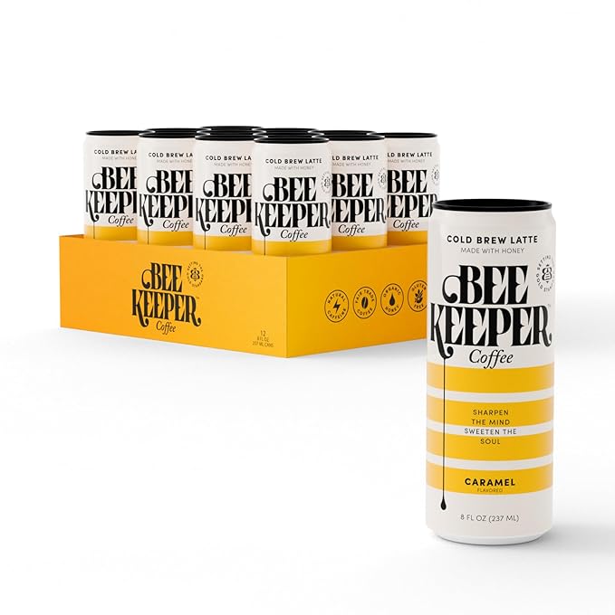 Beekeeper Coffee Cold Brew Caramel Latte with Oregon Honey, 8 fl oz cans (Pack of 12), Ready-to-Drink, 125mg Natural Caffeine