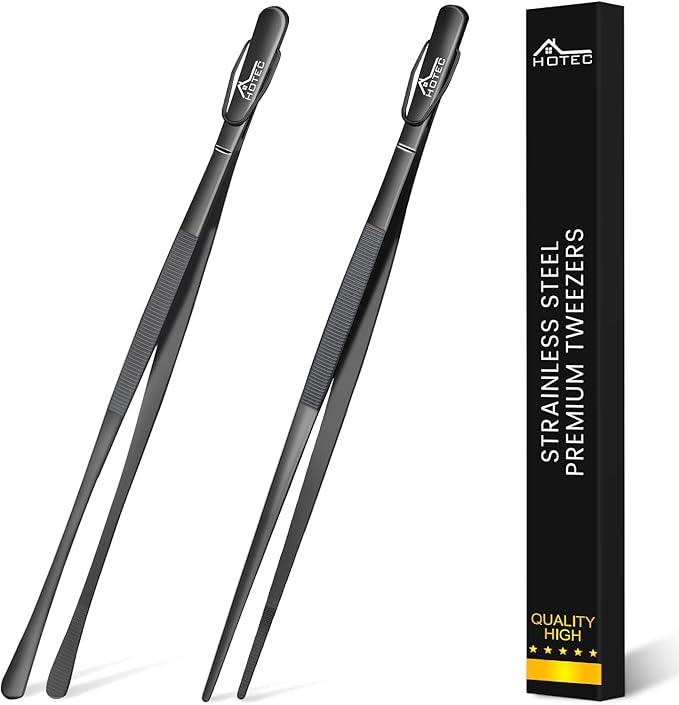 HOTEC Kitchen Tweezers Tongs Stainless Steel Professional Chef Tweezers, Set of 2-12inch Extra-Long Food Tongs for Cooking,Grill and Baking