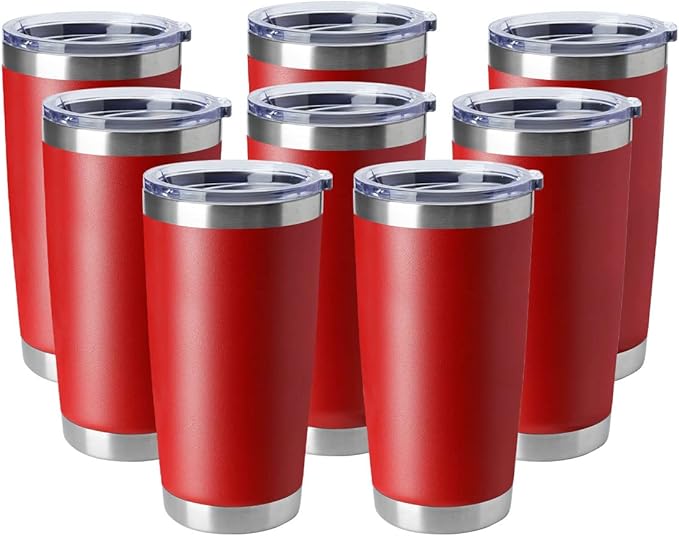 HASLE OUTFITTERS 20oz Tumblers Stainless Steel Mugs with Lid Double Wall Vacuum Insulated Coffee Cups for Cold & Hot Drinks (20oz-Red, 8 Pack)