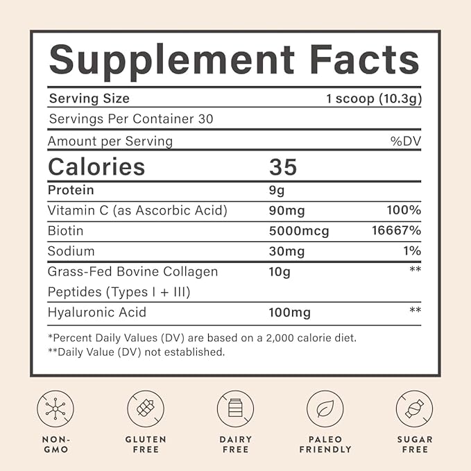 Beam Collagen Powder, Collagen for Women, Collagen with Hyaluronic Acid, Collagen Peptides Type 1 and 3, with Biotin, Grass Fed Bovine, Third-Party Tested, Best for Coffee, Vitamin C, 60 Servings