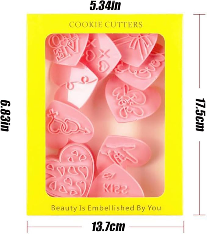 10 Pcs Heart Cookie Cutter Set, 3D Pressable Biscuit Cutter and Stamps, Valentine's Day Cookie Molds Wedding Party DIY Cake Decorating Kit (D)