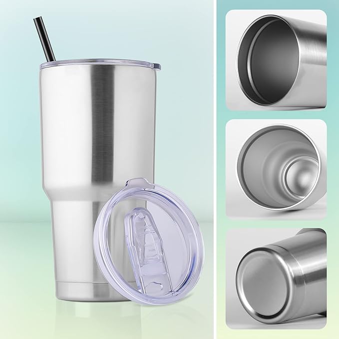 DOMICARE 30 oz Tumbler with Lid and Straw, Stainless Steel Tumblers Bulk, Insulated Vacuum Double Wall Travel Coffee Mug, Durable Powder Coated Tumbler Cup (Stainless Steel, 1)