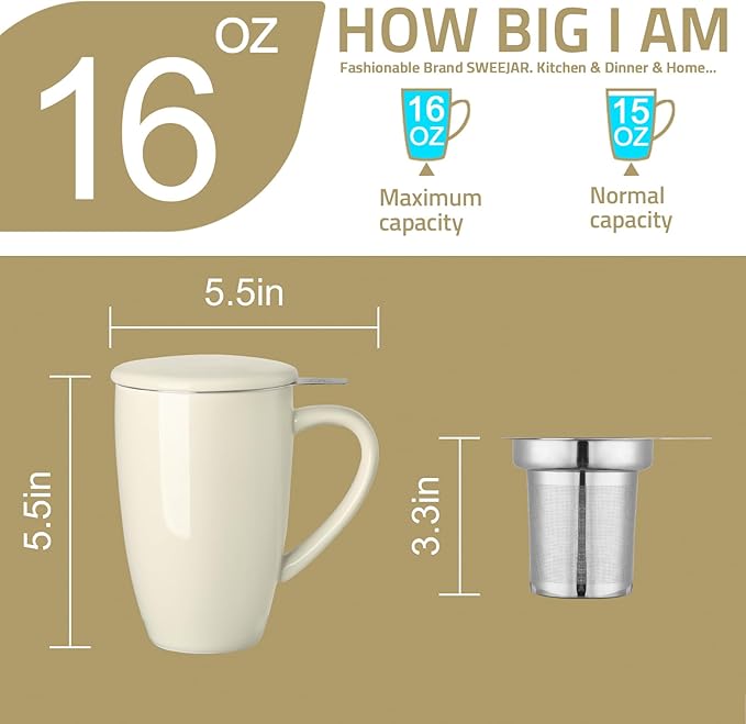 Sweejar Porcelain Tea Mug with Infuser and Lid,Teaware with Filter, Loose Leaf Tea Cup Steeper Maker, 16 Fl Oz for Tea/Coffee/Milk/Women/Office/Home/Gift (Beige)