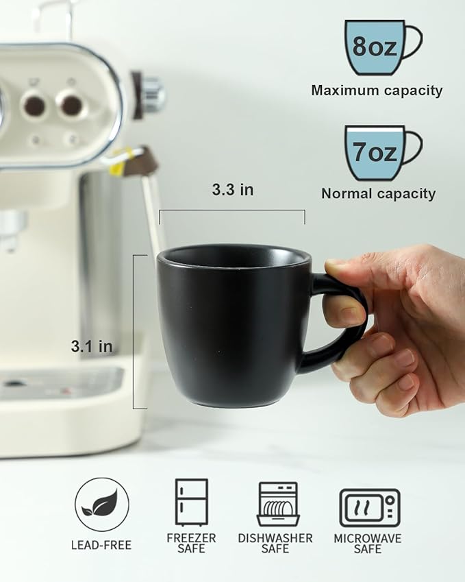 Hasense 7 Ounce Cappuccino Cups Set of 4 Perfect for Latte, Americano, Cafe Mocha and Tea, Ceramic Coffee Cups Ideal for Party Cafe Home and Kitchen, Microwave and Dishwasher safe, Black