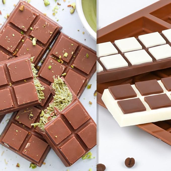 Chocolate Bar Mold Deep Silicone Break-Apart Chocolate Mold Non-Stick Chocolate Mold Dubai Chocolate Bar Mold Pistachio (10 Snap, Set of 2) (10 Snap)