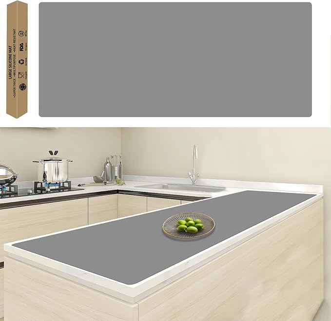 120"x24"(305cmx60cm) Large Silicone Kitchen Counter Mat, Heat Resistant Non-Slip Countertop Protector, Waterproof Multipurpose Mat for Kitchen Island, Light Gray