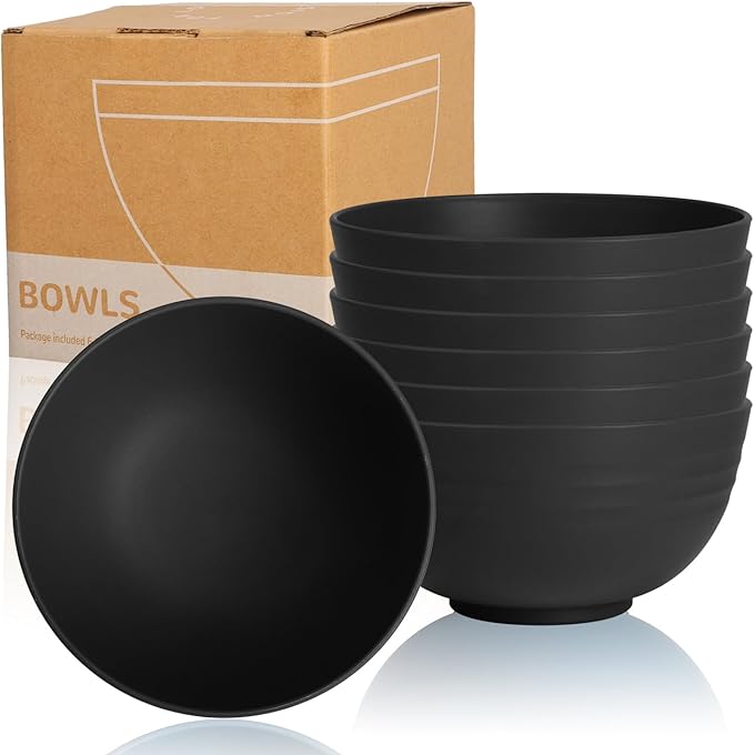 Wheat Straw Camping Bowls Sets of 6,Unbreakable 26oz Lightweight Bowls Sets for Outdoors Activity,Breakfast Bowls for Cereal and Salad.Black Series