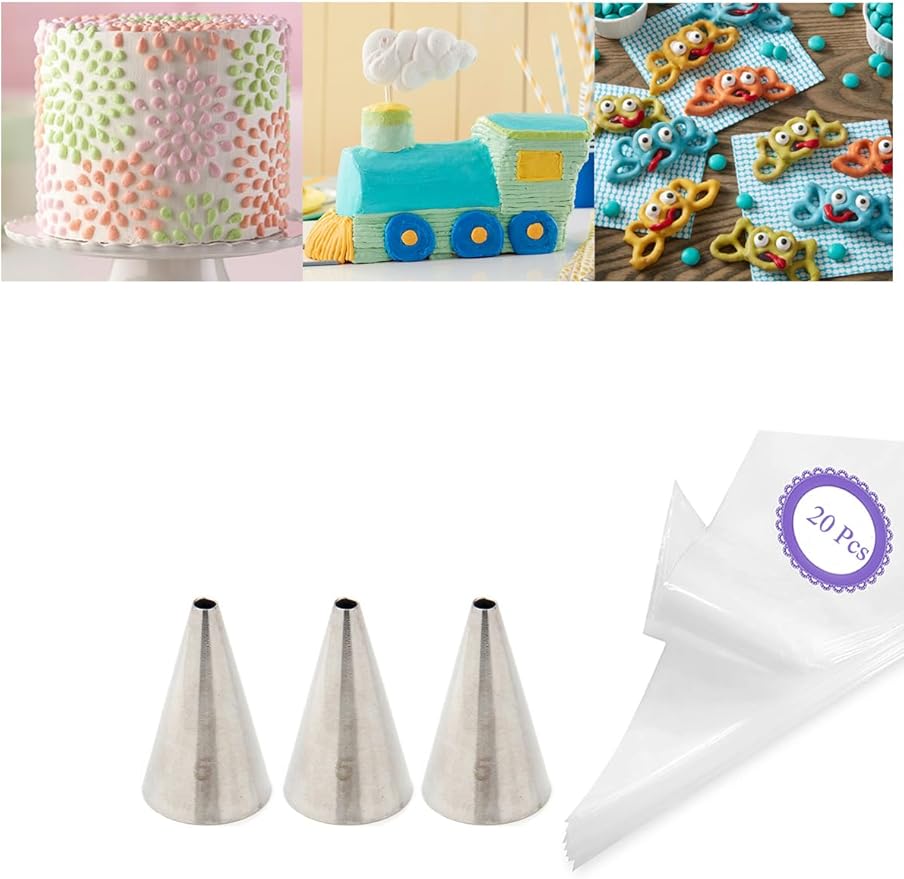 #5 Piping Tip and Bag Set – 3 Round Decorating Tips & 20 Disposable 8" Bags for Dots, Bead Borders, Writing & Designs