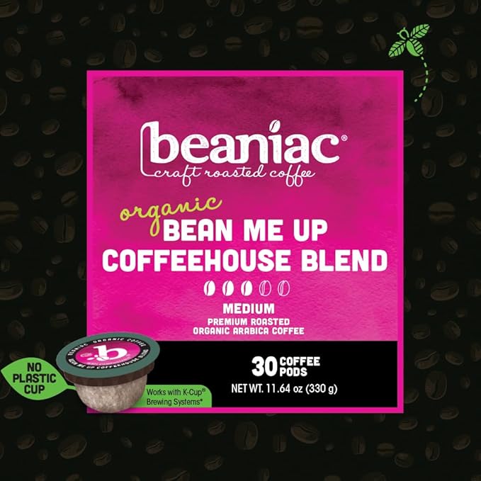 beaniac Organic Bean Me Up Coffeehouse Blend, Medium Roast, Single Serve Compostable K Cup Coffee Pods, Organic Arabica Coffee, Keurig Brewer Compatible, 30 Count