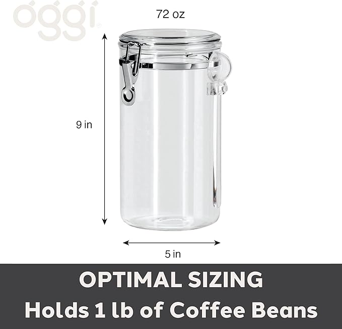 Oggi Clear Canister Airtight 72oz - Clamp Lid & Spoon - Airtight Food Storage Container, for Kitchen & Pantry Storage of Bulk, Dry Foods, Pasta, Flour, Sugar, Coffee, Rice, Tea, Spices & Herbs