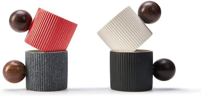 Ceramic Mini Espresso Cups Demitasse Cups with Round Wooden Handle Vertical Stripes Tea Cups (Black/White, 2pcs)