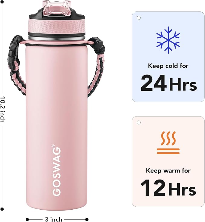 GOSWAG Insulated Sports Water Bottle, 24oz 2 Lids(with Straw/No Straw), Stainless Steel Water Bottles with Paracord Handle, Insulated Bottle with Double-Wall Vacuum Insulation
