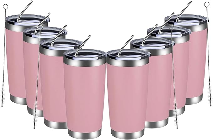 MEWAY 20oz Tumbler 8 Pack Double Wall Vacuum Insulated Travel Mug Bulk, Stainless Steel Tumblers with Lid and Straw, Durable Powder Coated Coffee Cups for Cold & Hot Drinks (Pink, 8)