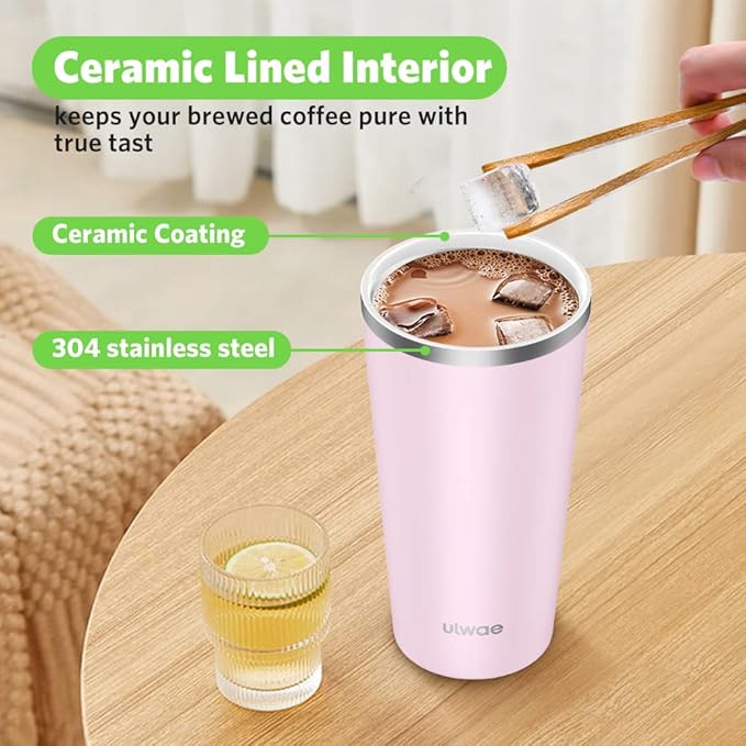 Insulated Coffee Mug with Ceramic Coating, 18oz Travel Mug with Leak-proof Lid, Vacuum Double-wall Tumbler, Stainless Steel Thermal Cup for Tea, Hot Cocoa, Cold Beverage, Ice Drinks