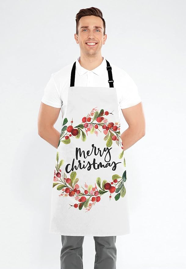 Merry Christmas Berry Wreath Apron for Women and Men, Adjustable Kitchen Chef Apron for Cooking Baking - Cute Birthday, Anniversary, Mother's Day Apron Presents for Mom Wife Girlfriend Aunt Grandma