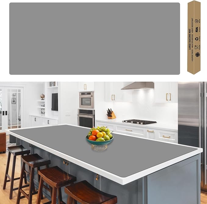 120" x24''(305cmx60cm) Extra Large Silicone Mat for Kitchen Counter, Heat Resistant Countertop Protector, Non-Slip Waterproof Kitchen Island Mat, Easy to Clean, Light Gray