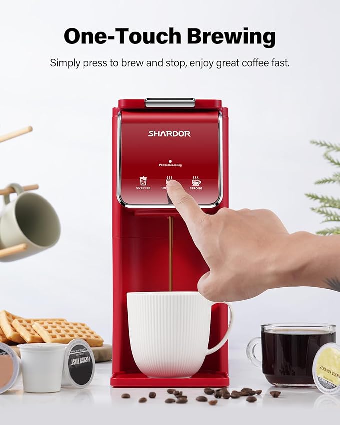 SHARDOR Hot & Iced Coffee Maker, K Cup Coffee Maker Compatible with Ground Coffee, Single Serve Coffee Machine with Bold Setting, Reusable Filter, Travel Mug Friendly, Compact Design, Red